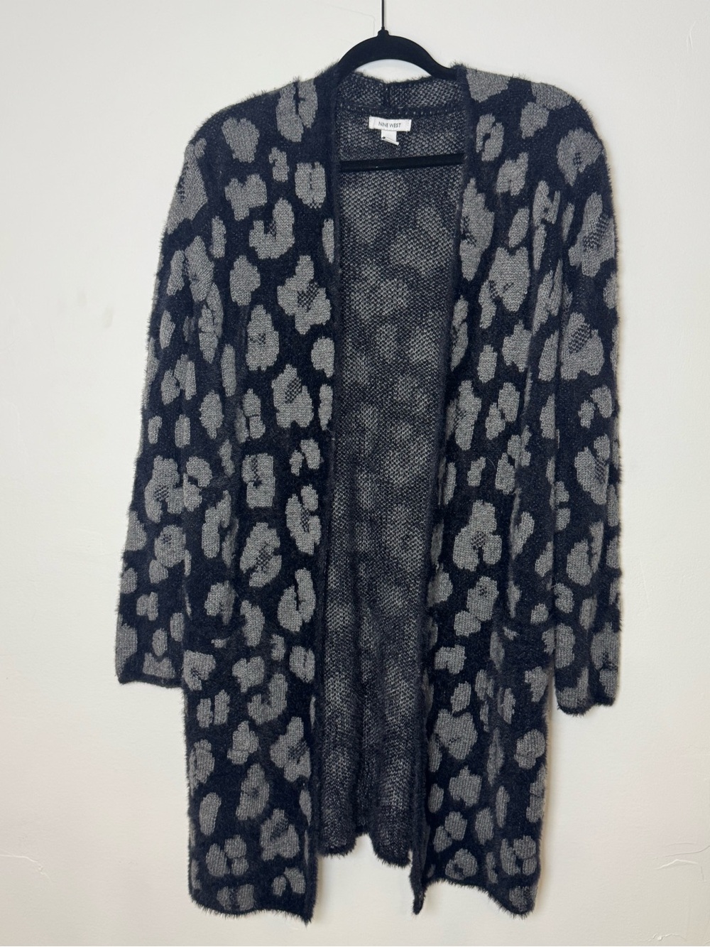 Nine West Black & Gray Leopard Print Duster Cardigan Sweater Women’s Large